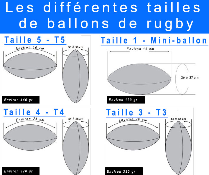 The different sizes of rugby balls: seniors, juniors, women, U12, U10, U8, U6