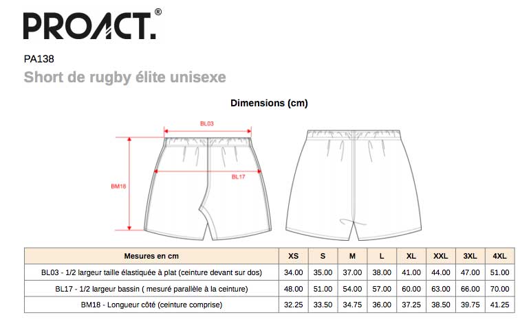 Guide des tailles short de rugby Elite proact PA138